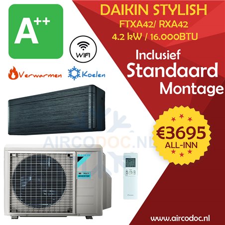 Airco Split Unit - Daikin Stylish RXA42A9 + FTXA42BT- vermogen 4.2 kW - incl. installatie