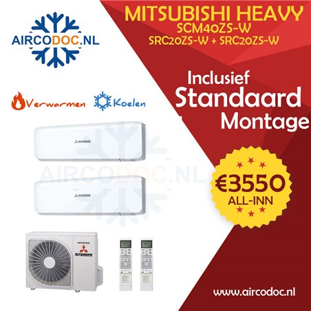 Airco Multi Split - Mitsubishi Heavy industries SCM40ZSX-W + SRK20ZS-W + SRK20ZS-W - vermogen 4.0 KW - incl. installatie