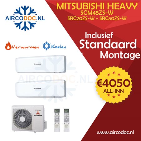 Airco Multi Split - Mitsubishi Heavy industries SCM45ZSX-W + SRK20ZS-W + SRK50ZS-W - vermogen 4.5  KW - incl. installatie
