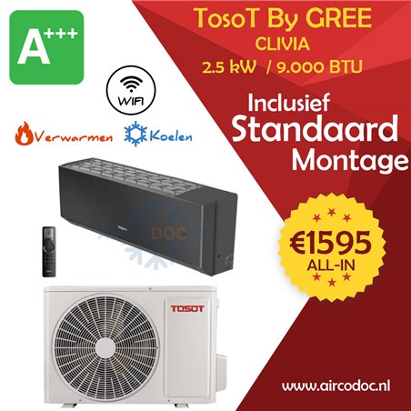Airco Split Unit - TosoT Clivia by GREE - zw - vermogen 2.5 kW - incl. installatie