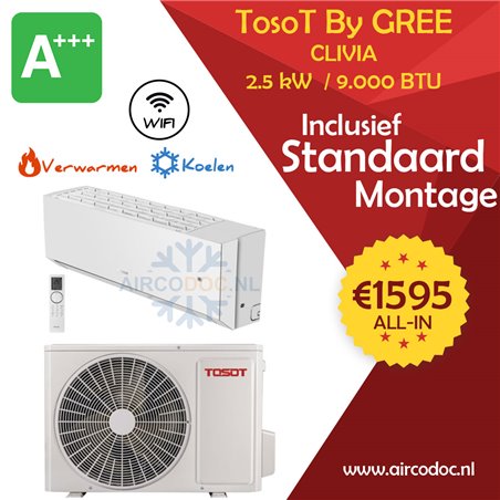 Airco Split Unit - TosoT Clivia by GREE - vermogen 2.5 kW - incl. installatie