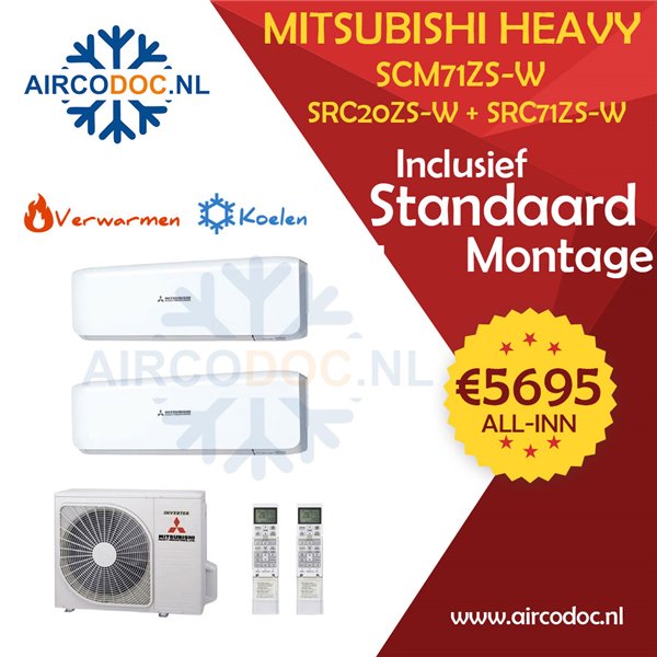 Airco Multi Split - Mitsubishi Heavy industries SCM71ZSX-W + SRK20ZS-W + SRK71ZS-W - vermogen 7.1 KW - incl. installatie