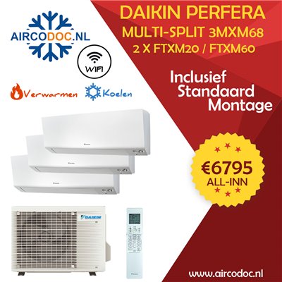 Airco Multi Split - DAIKIN Perfera - 3MXM68 + 2 x FTXM20 + FTXM60 - vermogen 6.8 kW - incl. installatie Airco Multi Split - DAIKIN Perfera - 3MXM68 + 2 x FTXM20 + FTXM60 - vermogen 6.8 kW - incl. installatie