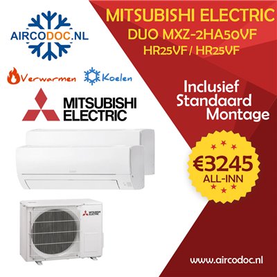 Airco Multi Split - Mitsubishi MXZ-2HA50VF + 2 x MUZ-HR25VF - vermogen 5.0 KW - incl. installatie Airco Multi Split - Mitsubishi MXZ-2HA50VF + 2 x MUZ-HR25VF - vermogen 5.0 KW - incl. installatie