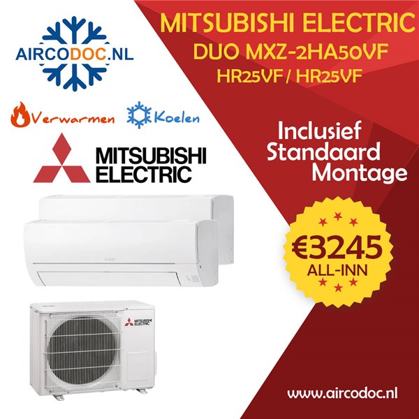 Airco Multi Split - Mitsubishi MXZ-2HA50VF + 2 x MUZ-HR25VF - vermogen 5.0 KW - incl. installatie
