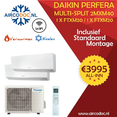 Airco Multi Split - DAIKIN Perfera 2MXM40A + FTXM20 + FTXM20 - vermogen 4.0 kW - incl. installatie Airco Multi Split - DAIKIN Perfera 2MXM40A + FTXM20 + FTXM20 - vermogen 4.0 kW - incl. installatie