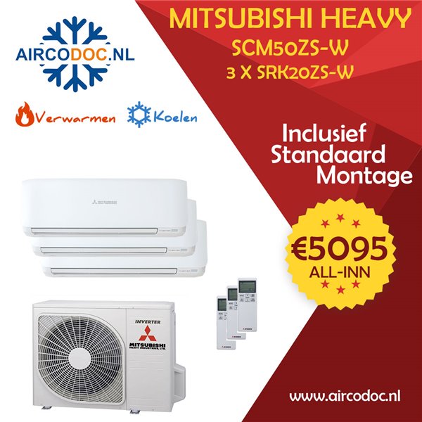 Airco Multi Split - Mitsubishi Heavy industries SCM50ZSX-W + 3 x SRK20ZS-W - vermogen 5.0 KW - incl. installatie