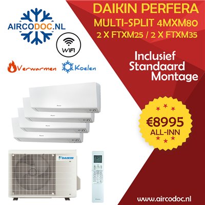 Airco Multi Split - DAIKIN Perfera - 4MXM80A9 + 2 x FTXM25 + 2 x FTXM35 - vermogen 8.0 kW - incl. installatie Airco Multi Split - DAIKIN Perfera - 4MXM80A9 + 2 x FTXM25 + 2 x FTXM35 - vermogen 8.0 kW - incl. installatie
