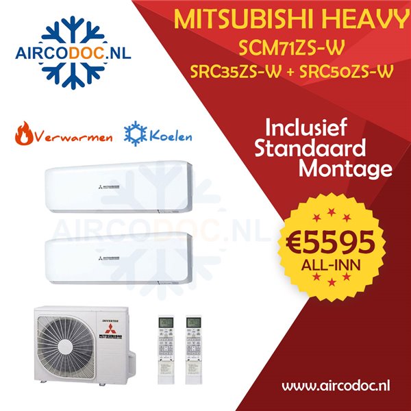 Airco Multi Split - Mitsubishi Heavy industries SCM71ZSX-W + SRK35ZS-W + SRK50ZS-W - vermogen 7.1 KW - incl. installatie