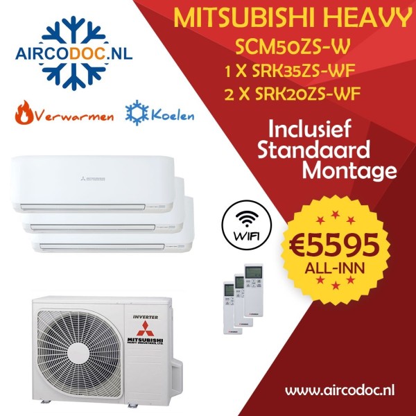 Airco Multi Split - Mitsubishi Heavy industries SCM50ZSX-W + 2 x SRK20ZS-WF & SRK35ZS-WF - vermogen 5.0 KW - incl installatie