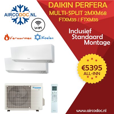 Airco Multi Split - DAIKIN Perfera - 2MXM68 + 2 x FTXM35 - vermogen 6.8 kW - incl. installatie Airco Multi Split - DAIKIN Perfera - 2MXM68 + 2 x FTXM35 - vermogen 6.8 kW - incl. installatie