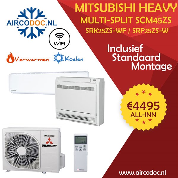 Airco Multi Split - Mitsubishi Heavy industries SCM45ZSX-W + SRK25ZS-WF + SRF25ZS-W - vermogen 4.5  KW - incl. installatie
