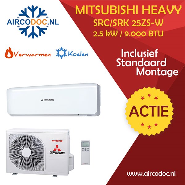 Airco Split Unit - Mitsubishi Heavy Industries SRC25ZS-W + SRK25ZS-W - vermogen 2.5 KW - incl. installatie