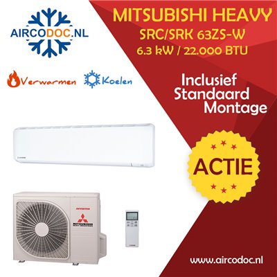 Airco Split Unit - Mitsubishi Heavy industries SRC63ZR-W + SRK63ZR-WF - vermogen 6.3 KW - incl. installatie Airco Split Unit - Mitsubishi Heavy industries SRC63ZR-W + SRK63ZR-WF - vermogen 6.3 KW - incl. installatie
