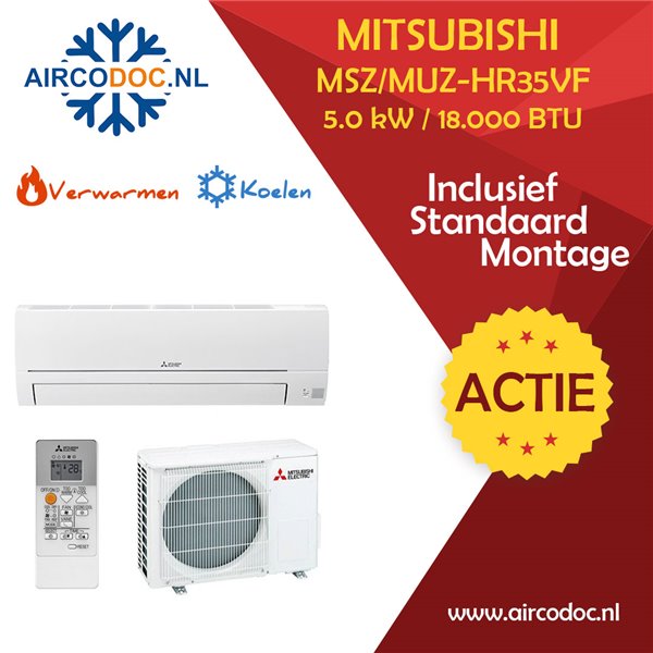 Airco Split Unit - Mitsubishi MUZ-HR50VF + MSZ-HR50VF - vermogen 5.0 KW - incl. installatie