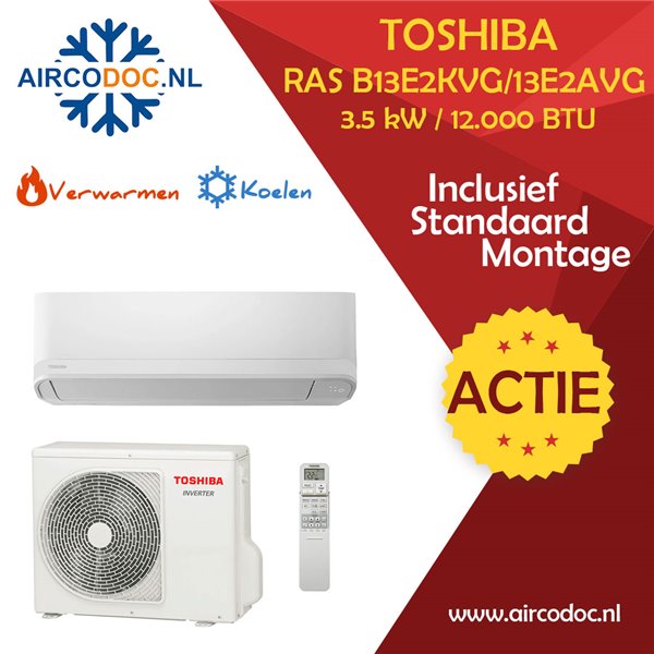 Toshiba Seiya+ Airco Split Unit - 3,5 kW Koelen en Verwarmen - RAS-B13E2KVG-E / RAS-13E2AVG-E - Inclusief Installatie