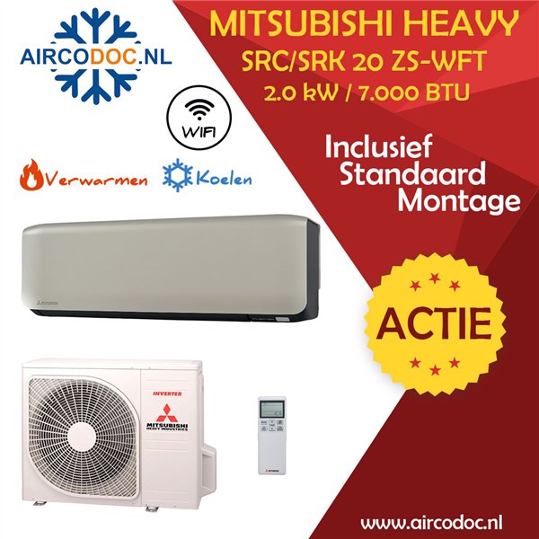 Airco Split Unit - Mitsubishi Heavy industries SRC20ZS-W + SRK20ZS-WFT - Titanium-  vermogen 2.0 KW - incl. installatie