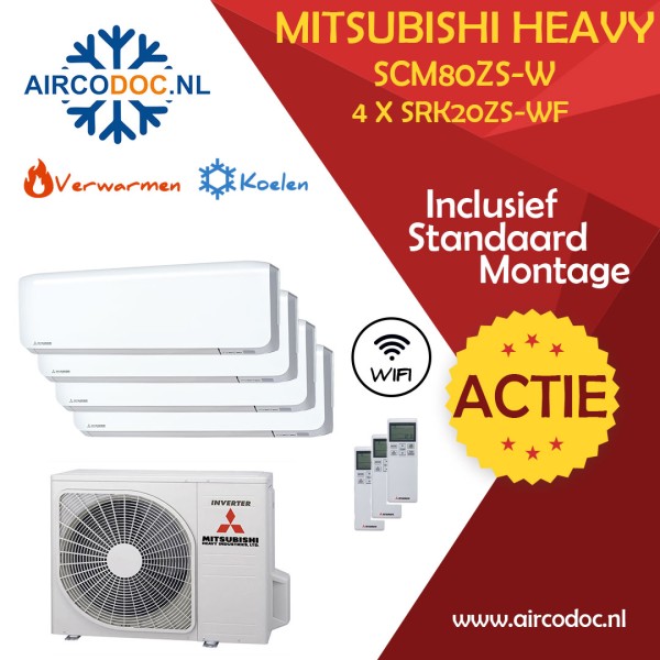 Airco Multi Split - Mitsubishi Heavy industries SCM80ZSX-W + 4 x SRK20ZS-WF - vermogen 8.0 KW - incl. installatie