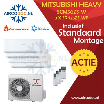 Airco Multi Split - Mitsubishi Heavy industries SCM50ZSX-W + 3 x SRK25ZS-WF - vermogen 5.0 KW - incl. installatie