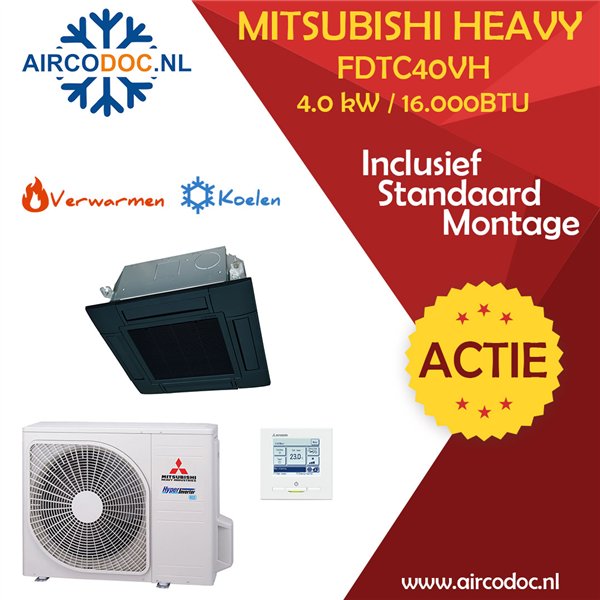 Airco Split Unit - Mitsubishi Heavy industries SRC40ZSX-W + FDTC40VH - vermogen 4.0 KW - incl. installatie - Zwart  - 60x60