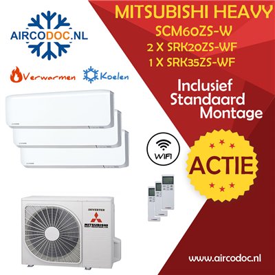 Airco Multi Split - Mitsubishi Heavy Industries SCM60ZSX-W + 1 x SRK35ZS-WF 2 x SRK20ZS-WF - vermogen 6.0 KW - incl. installatie