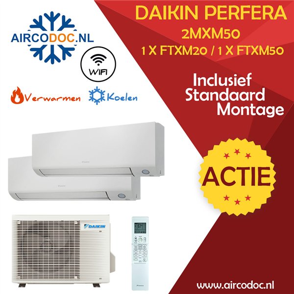 Airco Multi Split - DAIKIN Perfera 2MXM50A + FTXM20 + FTXM50 - vermogen 5.0 kW - incl. installatie
