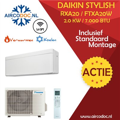 Airco Split Unit - Daikin Stylish RXA20 + FTXA20W - vermogen 2.0 kW - incl. installatie