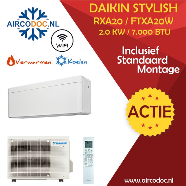 Airco Split Unit - Daikin Stylish RXA20 + FTXA20W - vermogen 2.0 kW - incl. installatie