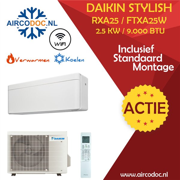 Airco Split Unit - Daikin Stylish RXA25 + FTXA25W - vermogen 2.5 kW - incl. installatie