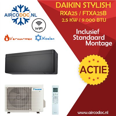Airco Split Unit - Daikin Stylish RXA25 + FTXA25B - vermogen 2.5 kW - incl. installatie