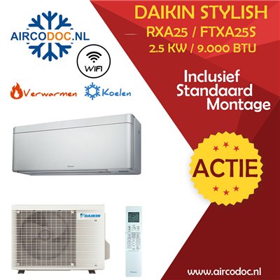 Airco Split Unit - Daikin Stylish RXA25 + FTXA25S - vermogen 2.5 kW - incl. installatie