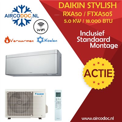 Airco Split Unit - Daikin Stylish RXA50 + FTXA50S - vermogen 5.0 kW - incl. installatie