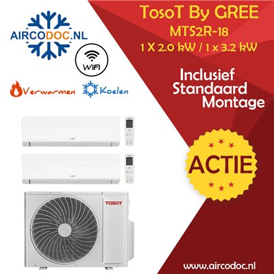 Airco Multi Split - Tosot Pular by GREE - MTS2R-0712 - vermogen 5.0 kW - 1 X 2.0 kW / 1 X 3.2 kW -  incl. installatie