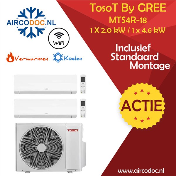 Airco Multi Split - Tosot Pular by GREE - MTS4R-0718 - vermogen 8.0 kW - 1 X 2.0 kW / 1 X 4.6 kW -  incl. installatie