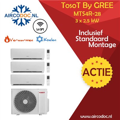 Airco Multi Split - Tosot Pular by GREE - MTS4R-090909 - vermogen 8.0 kW - 3 x 2.5 kW -  incl. installatie