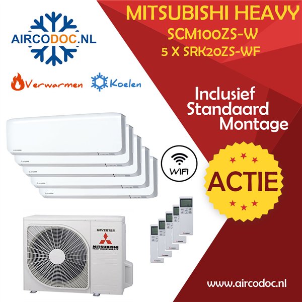 Airco Multi Split - Mitsubishi Heavy industries SCM100ZSX-W + 5 x SRK20ZS-WF - vermogen 10.0 KW - incl. installatie