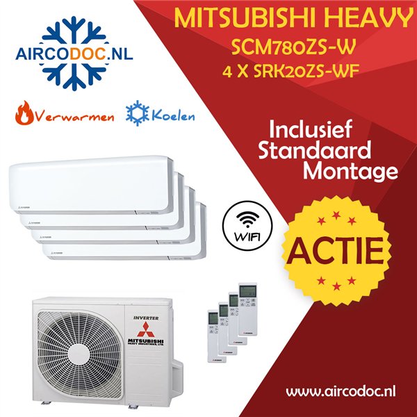 Airco Multi Split - Mitsubishi Heavy industries SCM80ZSX-W + 4 x SRK20ZS-WF - vermogen 8.0 KW - incl. installatie