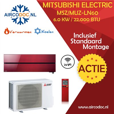Mitsubishi Electric MSZ-LN60 + MUZ-LN60 - Rood – 6.0 kW – Split unit airco – Inclusief installatie