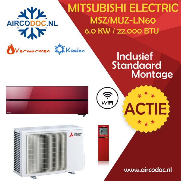 Mitsubishi Electric MSZ-LN60 + MUZ-LN60 - Rood – 6.0 kW – Split unit airco – Inclusief installatie