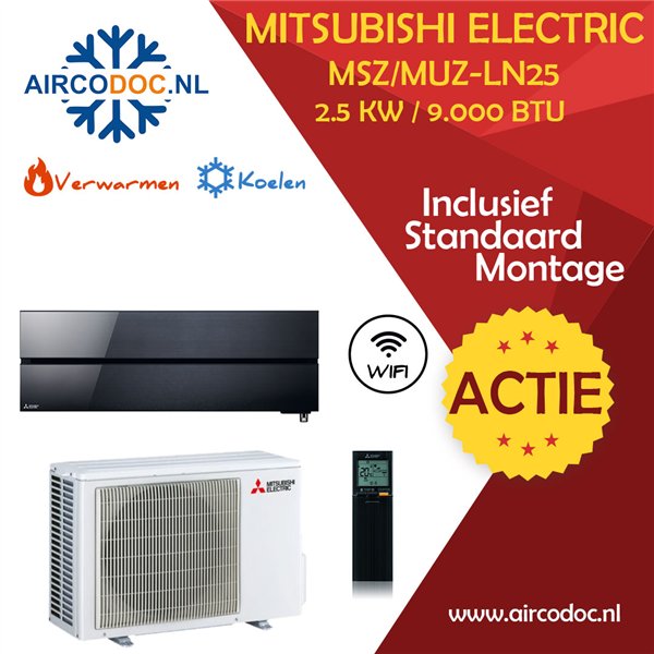 Mitsubishi Electric MSZ-LN25 + MUZ-LN25 - Zwart – 2.5 kW – Split unit airco – Inclusief installatie