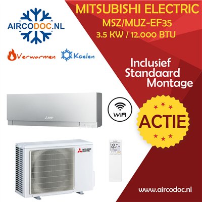 Mitsubishi Electric MSZ-EF35 + MUZ-EF35 – Zilver – 3.5 kW – Split unit airco – Inclusief installatie