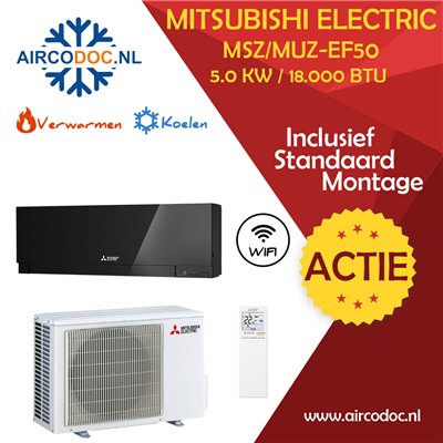 Mitsubishi Electric MSZ-EF50 + MUZ-EF50 – Zwart – 5.0 kW – Split unit airco – Inclusief installatie