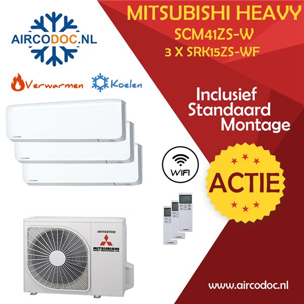 Airco Multi Split - Mitsubishi Heavy industries SCM41ZSX-W + 3 x SRK15ZS-WF - vermogen 4.1 KW - incl. installatie