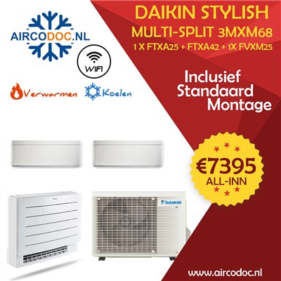 Airco Multi Split - DAIKIN Stylish - 3MXM68 + 1 x FTXM25 + FTXM42 + FVXM25 - vermogen 6.8 kW - incl. installatie