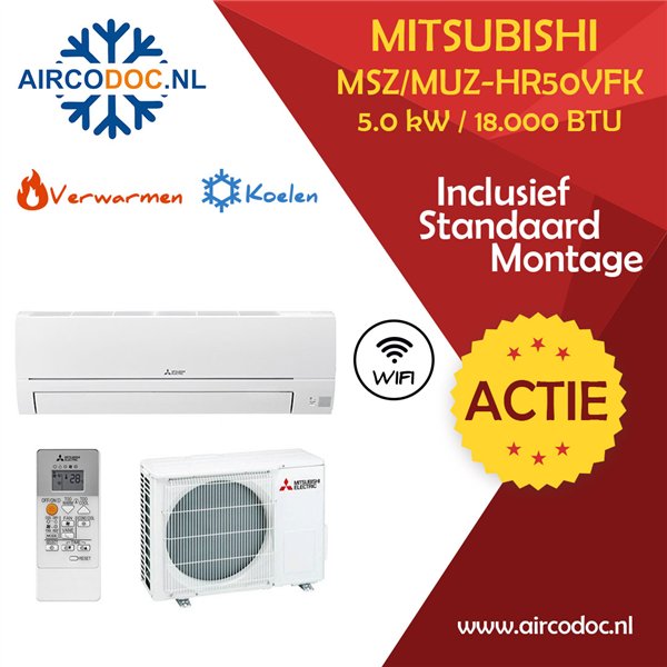 Airco Split Unit - Mitsubishi Electric MUZ-HR50VF + MSZ-HR50VFK - vermogen 5.0 KW - incl. installatie
