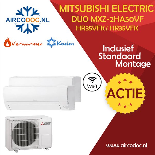 Airco Multi Split - Mitsubishi Electric MXZ-2HA50VF + 2 x MUZ-HR35VFK - vermogen 5.0 KW - incl. installatie