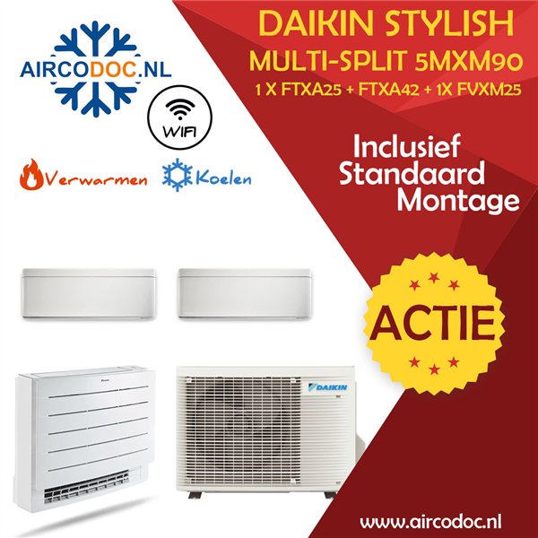 Airco Multi Split - DAIKIN Stylish - 5MXM90 + 1 x FTXA25 + FTXA42 + FVXM25 - vermogen 9.0 kW - incl. installatie